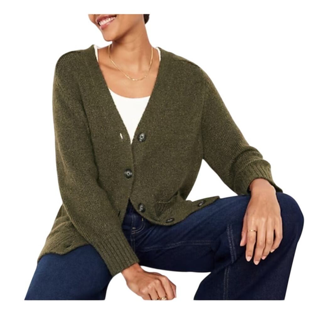 Old Navy Women's Medium Solid Green Long Sleeve V-Neck Button Up Sweater